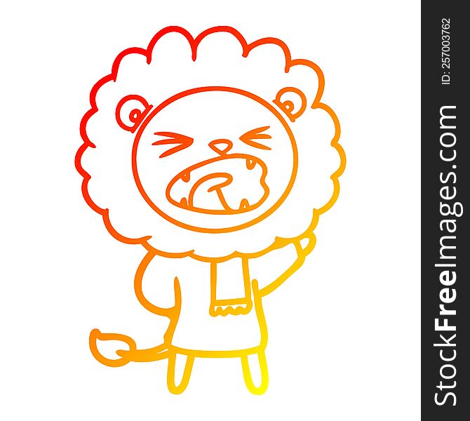 warm gradient line drawing of a cartoon lion in winter clothes