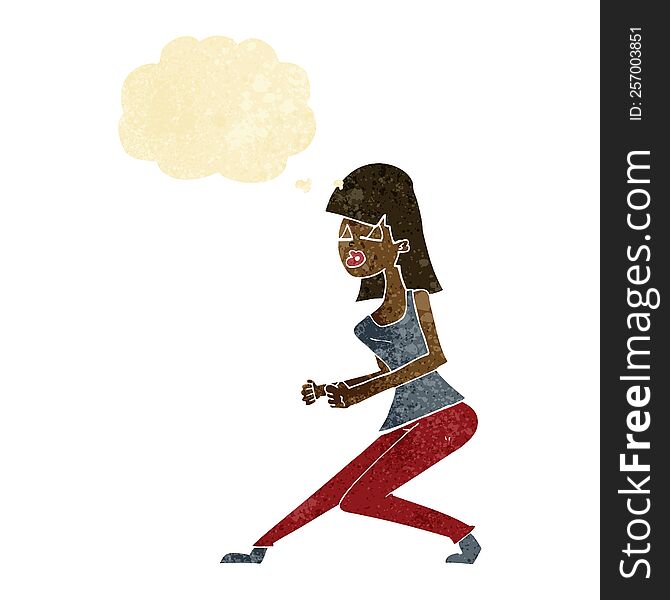 cartoon crazy dancing girl with thought bubble