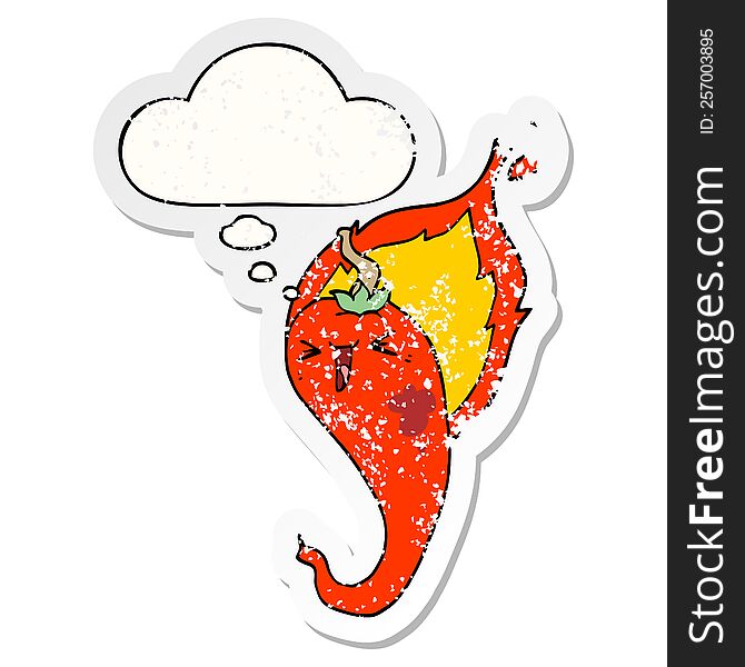 Cartoon Flaming Hot Chili Pepper And Thought Bubble As A Distressed Worn Sticker
