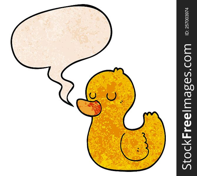 cartoon duck with speech bubble in retro texture style