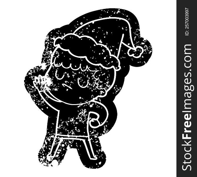 Cartoon Distressed Icon Of A Grumpy Boy Wearing Santa Hat
