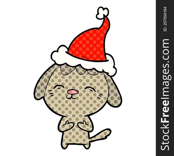 Happy Comic Book Style Illustration Of A Dog Wearing Santa Hat