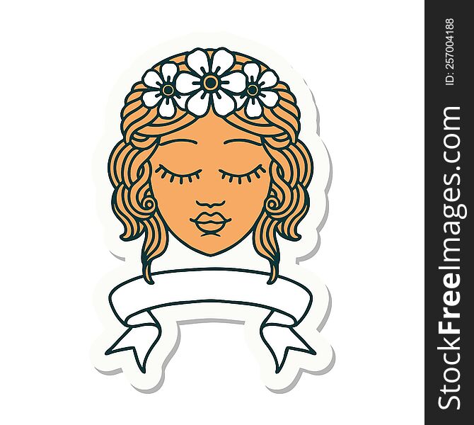 tattoo style sticker with banner of female face with eyes closed