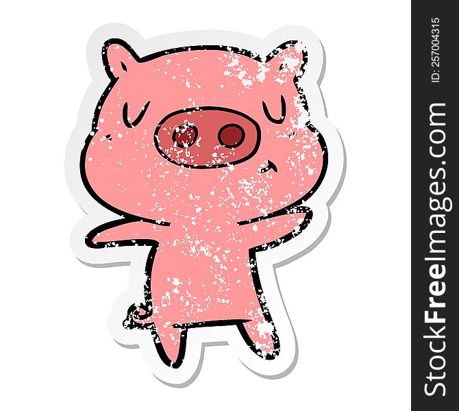 Distressed Sticker Of A Cartoon Content Pig