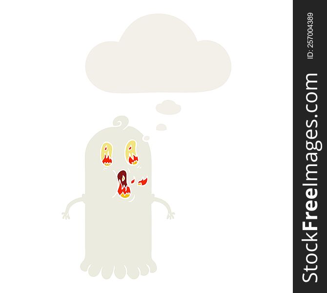 cartoon ghost with flaming eyes with thought bubble in retro style