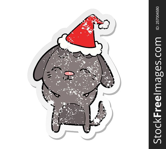happy hand drawn distressed sticker cartoon of a dog wearing santa hat. happy hand drawn distressed sticker cartoon of a dog wearing santa hat