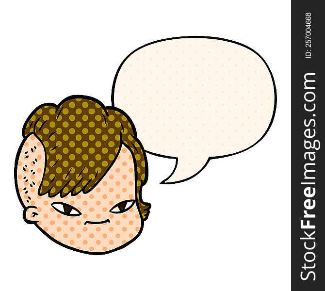 cartoon female face with speech bubble in comic book style