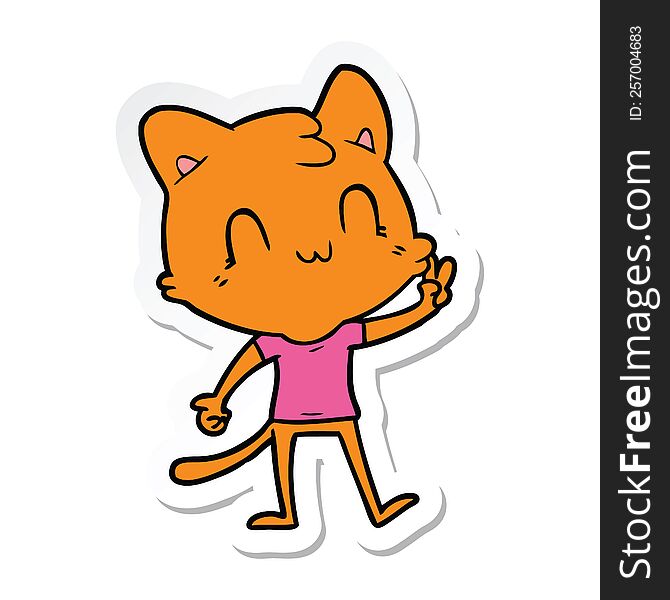 Sticker Of A Cartoon Happy Cat Giving Peace Sign