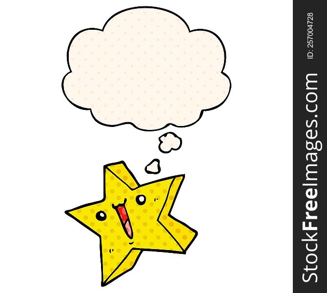 cartoon happy star with thought bubble in comic book style