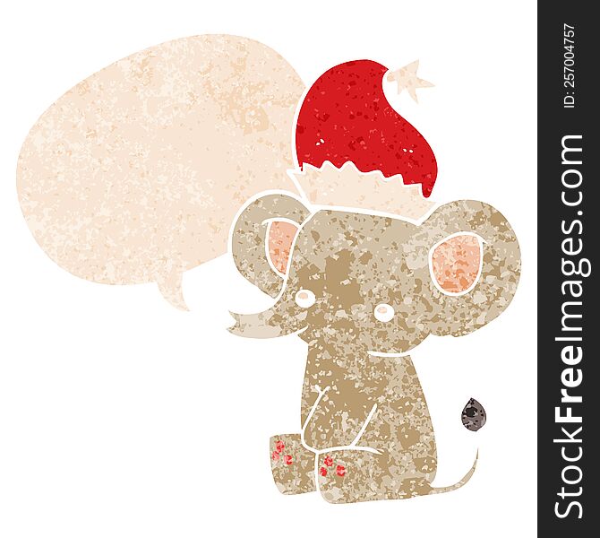 Cute Christmas Elephant And Speech Bubble In Retro Textured Style