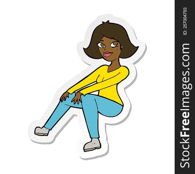 Sticker Of A Cartoon Happy Woman Sitting