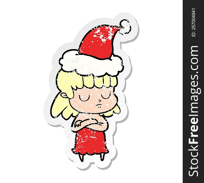 Distressed Sticker Cartoon Of A Indifferent Woman Wearing Santa Hat