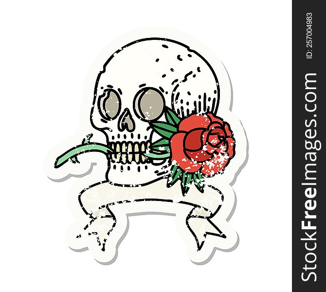 Grunge Sticker With Banner Of A Skull And Rose