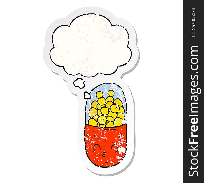 cartoon pill with thought bubble as a distressed worn sticker