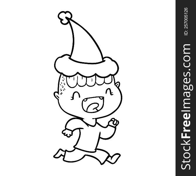 Line Drawing Of A Happy Boy Laughing And Running Away Wearing Santa Hat