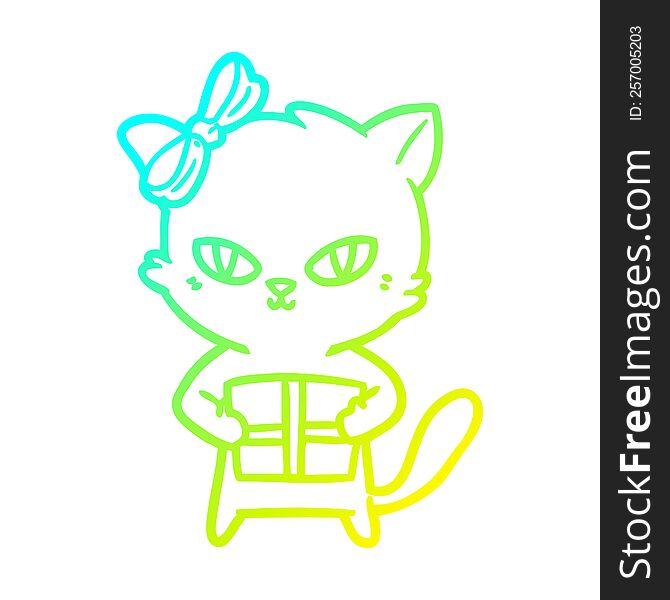 Cold Gradient Line Drawing Cute Cartoon Cat With Present