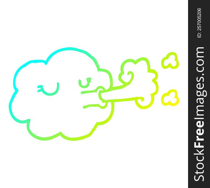 cold gradient line drawing of a cartoon cloud blowing a gale