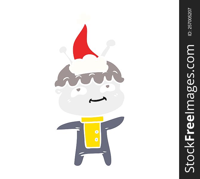 friendly hand drawn flat color illustration of a spaceman wearing santa hat