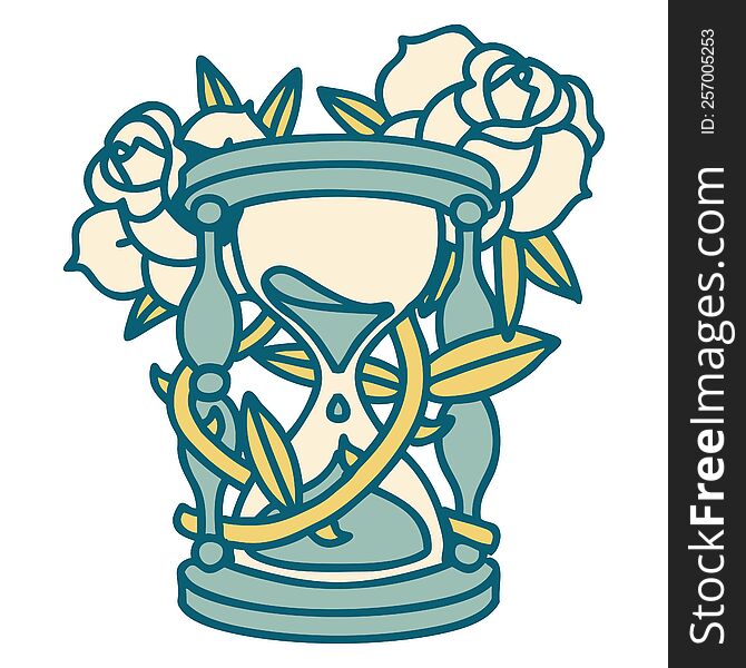 tattoo style icon of an hour glass and flowers