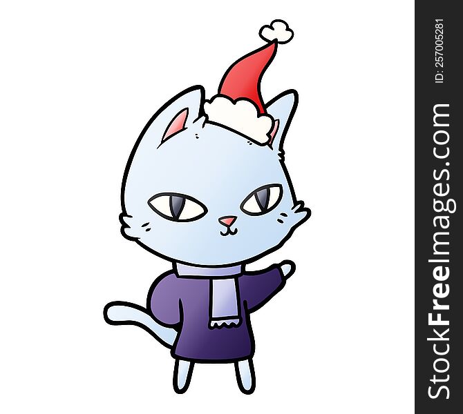 Gradient Cartoon Of A Cat Staring Wearing Santa Hat