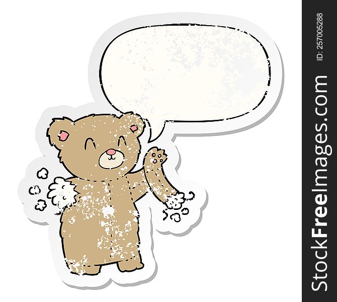 cartoon teddy bear with torn arm with speech bubble distressed distressed old sticker. cartoon teddy bear with torn arm with speech bubble distressed distressed old sticker