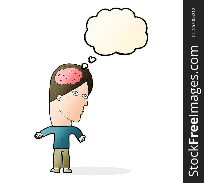 Cartoon Man With Brain Symbol With Thought Bubble