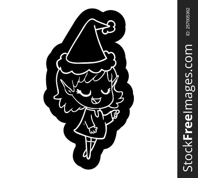 Happy Cartoon Icon Of A Elf Girl Pointing Wearing Santa Hat