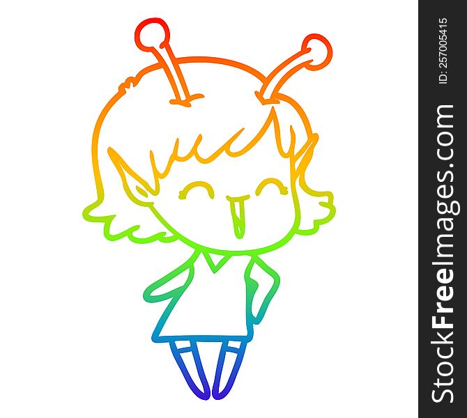 rainbow gradient line drawing of a cartoon alien girl laughing