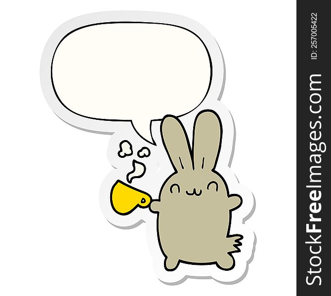 cute cartoon rabbit drinking coffee with speech bubble sticker