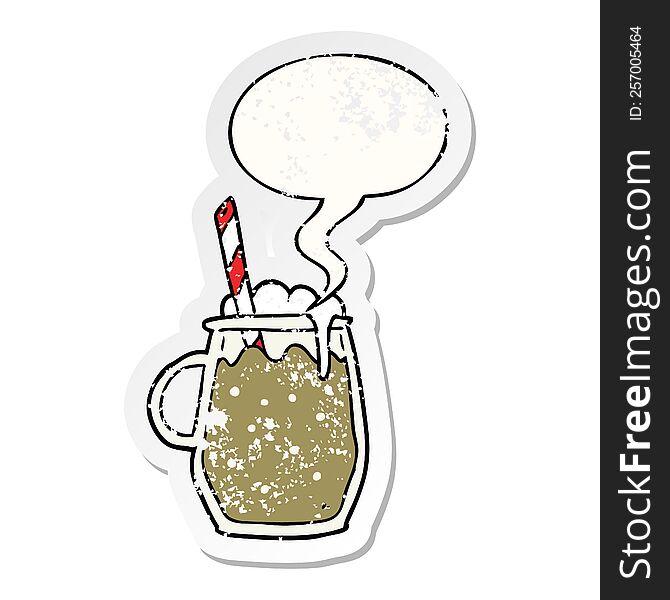cartoon glass of root beer with straw with speech bubble distressed distressed old sticker. cartoon glass of root beer with straw with speech bubble distressed distressed old sticker