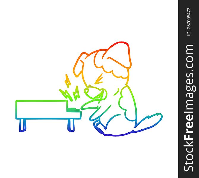 rainbow gradient line drawing of a cartoon dog rocking out on piano