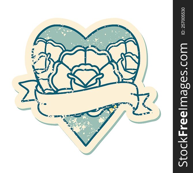 iconic distressed sticker tattoo style image of a heart and banner with flowers. iconic distressed sticker tattoo style image of a heart and banner with flowers