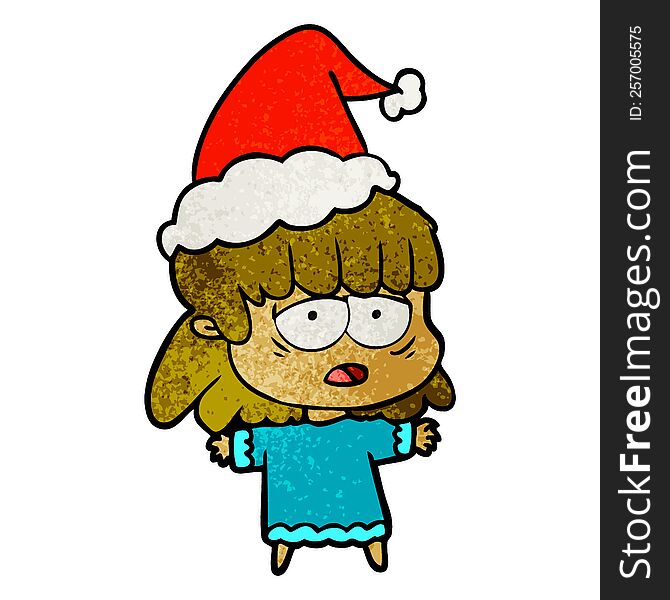 hand drawn textured cartoon of a tired woman wearing santa hat