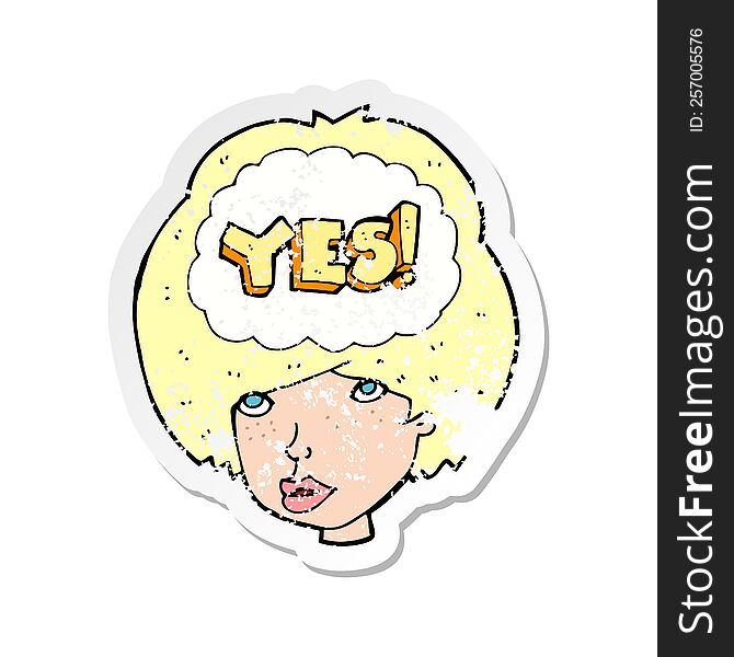 retro distressed sticker of a cartoon woman thinking yes