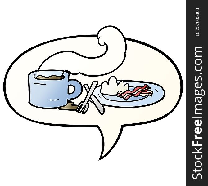 cartoon breakfast of coffee and bacon with speech bubble in smooth gradient style