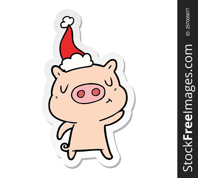 Sticker Cartoon Of A Content Pig Wearing Santa Hat