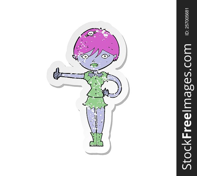 retro distressed sticker of a cartoon vampire girl giving thumbs up symbol