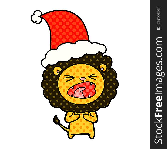 hand drawn comic book style illustration of a lion wearing santa hat