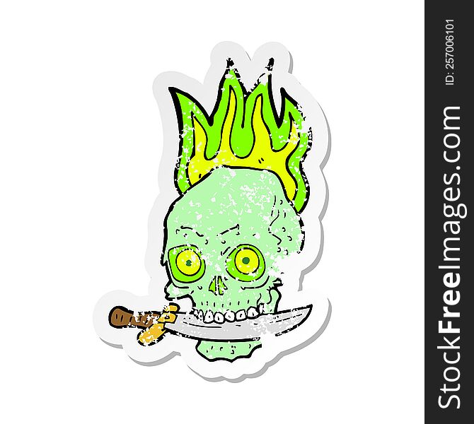 retro distressed sticker of a cartoon pirate skull with knife in teeth