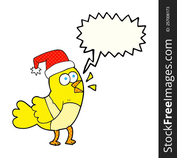 freehand drawn comic book speech bubble cartoon bird wearing christmas hat