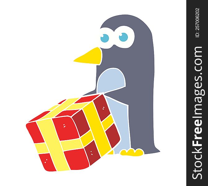 Flat Color Illustration Of A Cartoon Penguin With Christmas Present