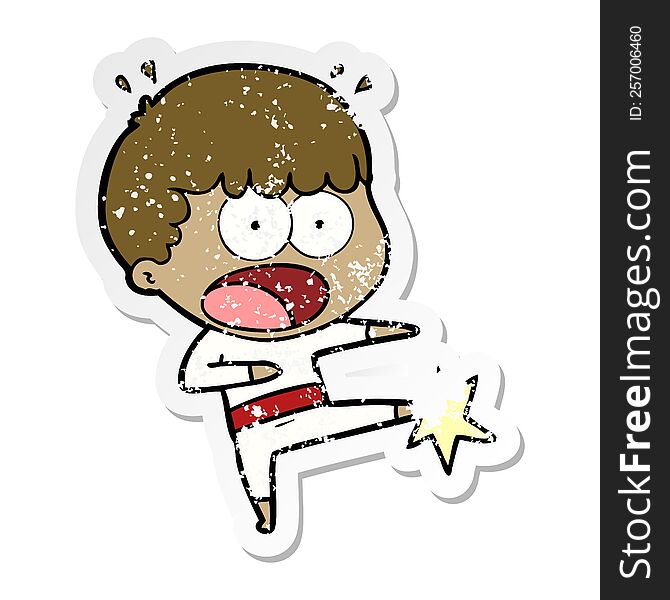 distressed sticker of a cartoon boy karate kicking