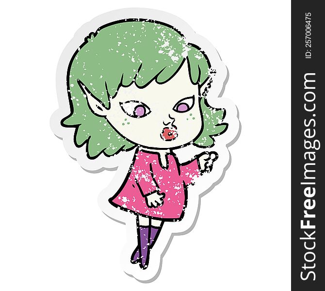 Distressed Sticker Of A Pointing Cartoon Elf Girl