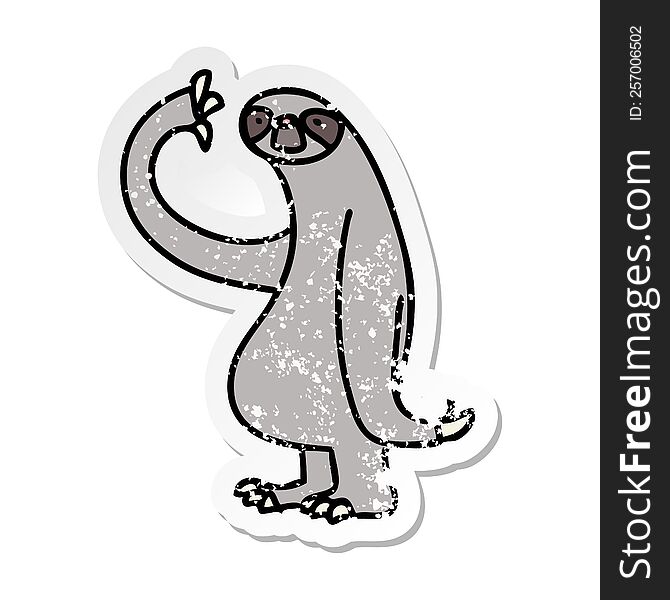 distressed sticker of a quirky hand drawn cartoon sloth