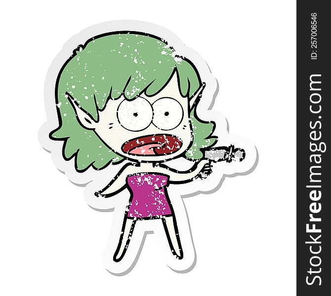 distressed sticker of a cartoon shocked alien girl with ray gun