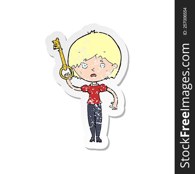 Retro Distressed Sticker Of A Cartoon Woman With Key