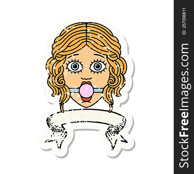 grunge sticker with banner of female face with ball gag