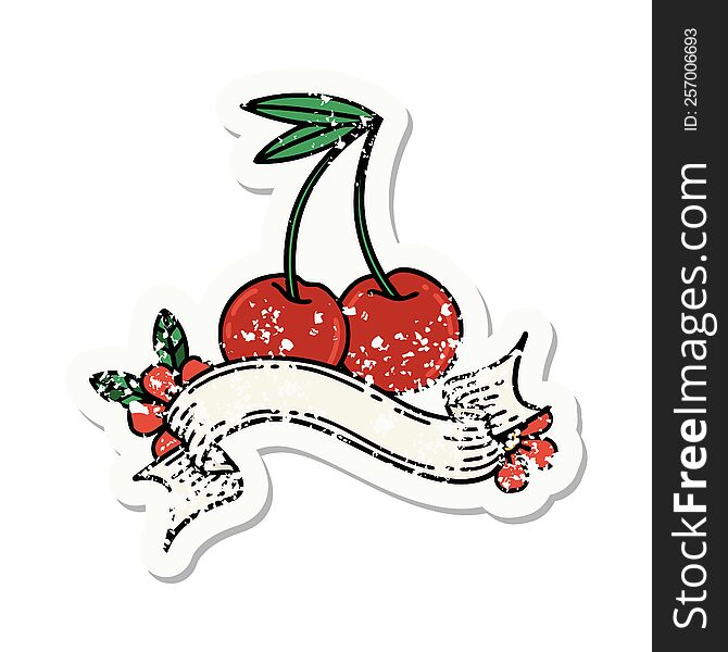 worn old sticker with banner of cherries. worn old sticker with banner of cherries