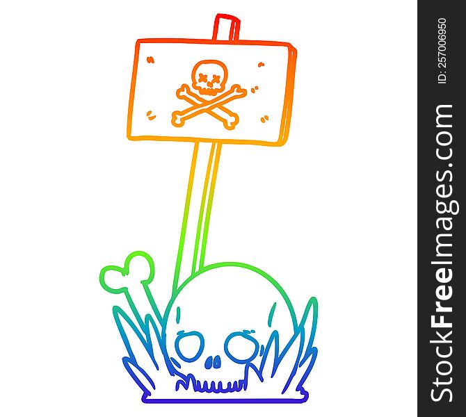 rainbow gradient line drawing of a cartoon skull bones and warning sign