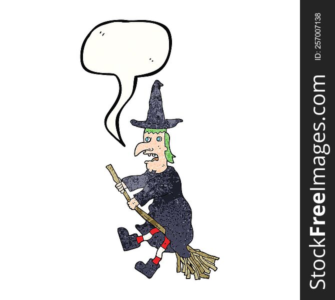 Speech Bubble Textured Cartoon Witch Flying On Broom